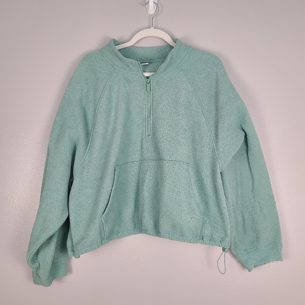 Old Navy Cropped Terry Soft Pullover Quarter Zip Sweater in Pale Seafoam Green